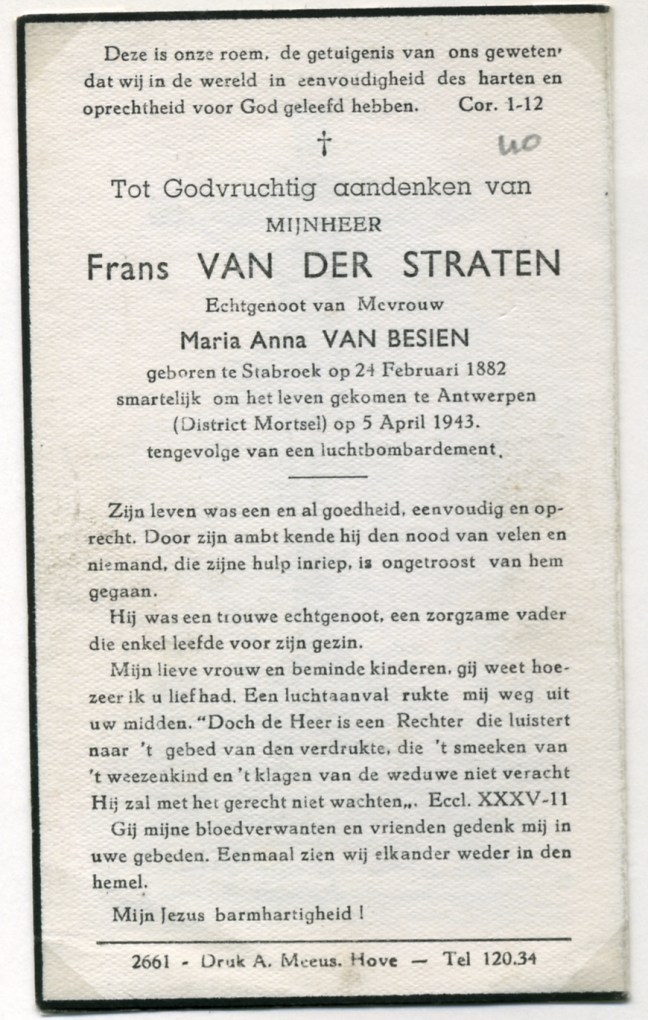 Frans Van der Straten 61 bidprentje